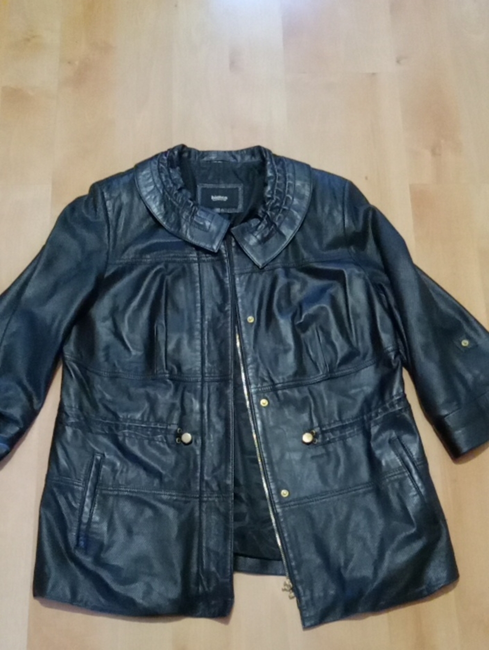 Vintage BIANCA Turkish Leather Black Ruched Collar Utility Jacket Size 40